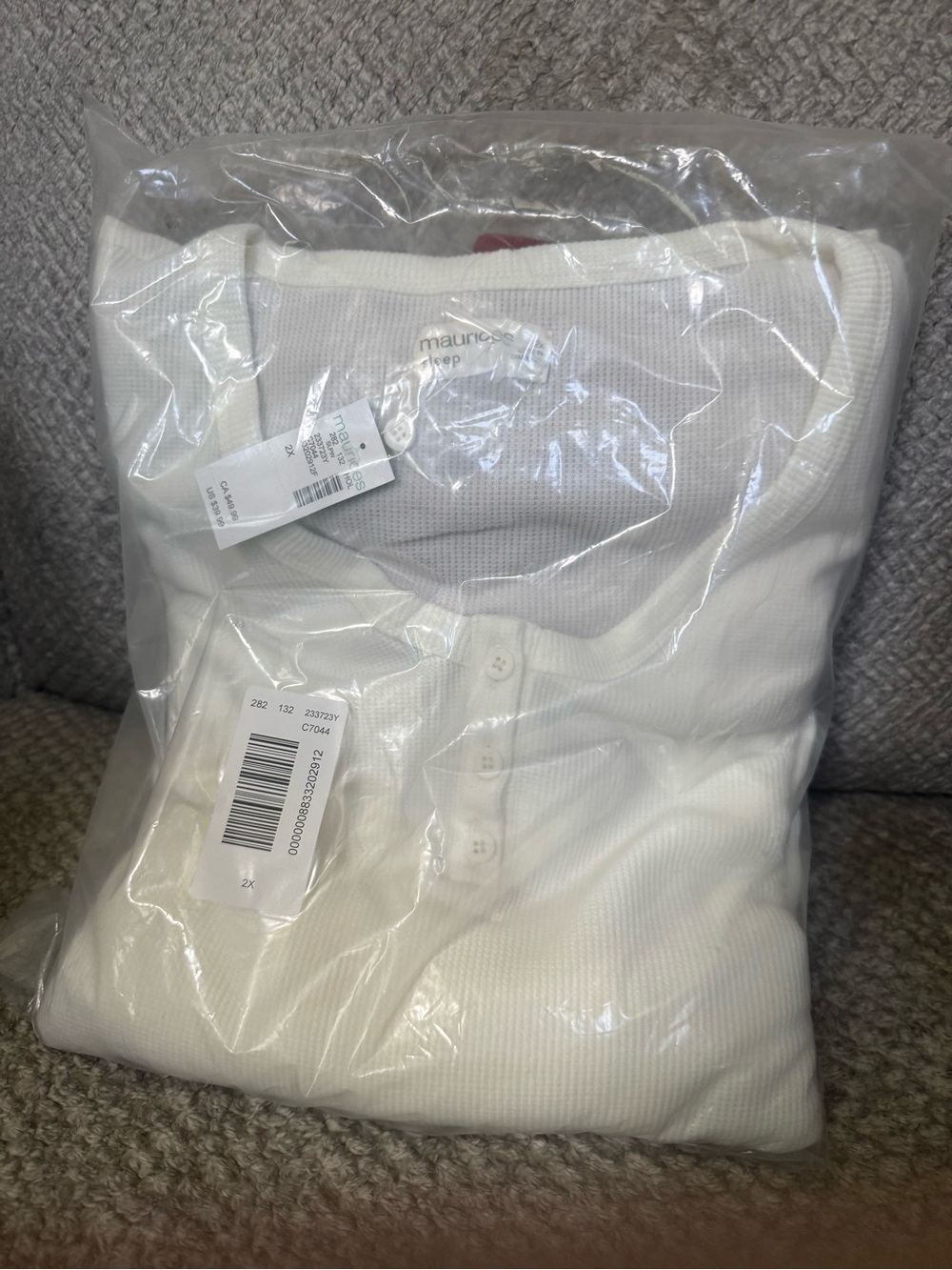 Maurices Pajama Set. White Thermal Henley Shirt with Red Plaid PJ Pants
